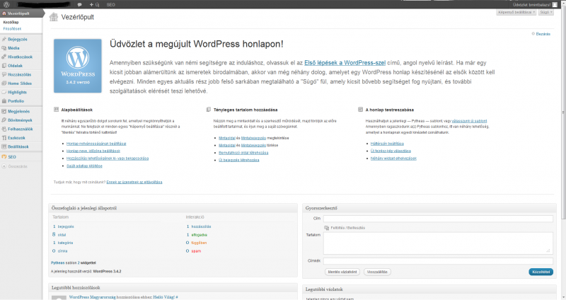 Wordpress adminisztrációs felülete