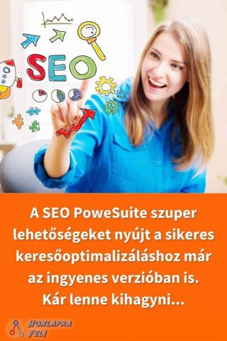 SEO feliratra mutató nő és SEO PowerSuite szoftver előnyét hangsúlyozó szöveg