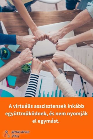 összetartást mutató kezek és virtuális asszisztensek együttműködéséről szóló szöveg